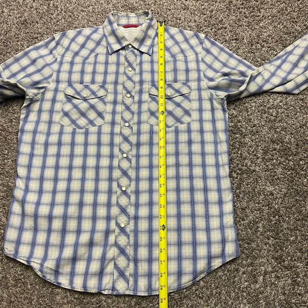 Western Shirt Pearl Snap Plaid Long Sleeve Banana Republic Slim Fit Medium Blue